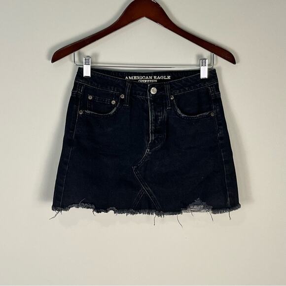 American Eagle Outfitters Dresses & Skirts - American Eagle Black Denim High Rise Mini Skirt Distressed Goth Biker Women's 0